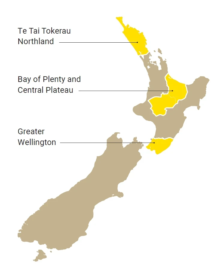 Map of New Zealand showing the regions visited: Greater Wellington, Bay of Plenty Central Plateau and Te Tai Tokerau Northland