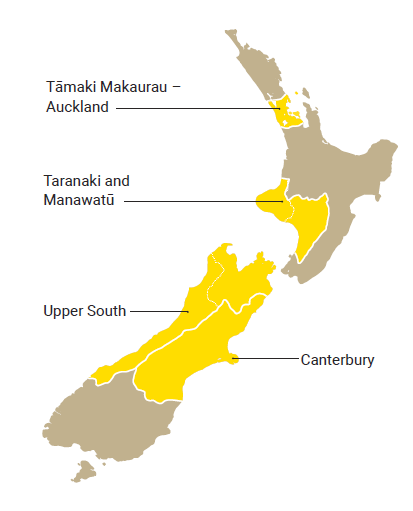 For this 2023/24 reporting period, we visited Tāmaki Makaurau – Auckland, Taranaki and Manawatū, Upper south and Canterbury. The image shows the location of these communities on a New Zealand map.