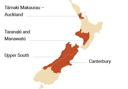 For this 2023/24 reporting period, we visited Tāmaki Makaurau – Auckland, Taranaki and Manawatū, Upper south and Canterbury. The image shows the location of these communities on a New Zealand map.