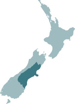 Map of New Zealand with the Canterbury region highlighted