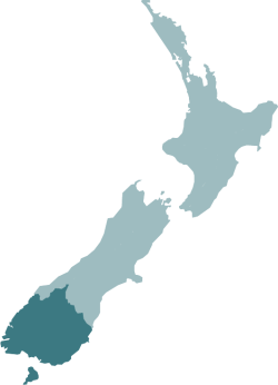 Map of New Zealand with the Lower South region highlighted